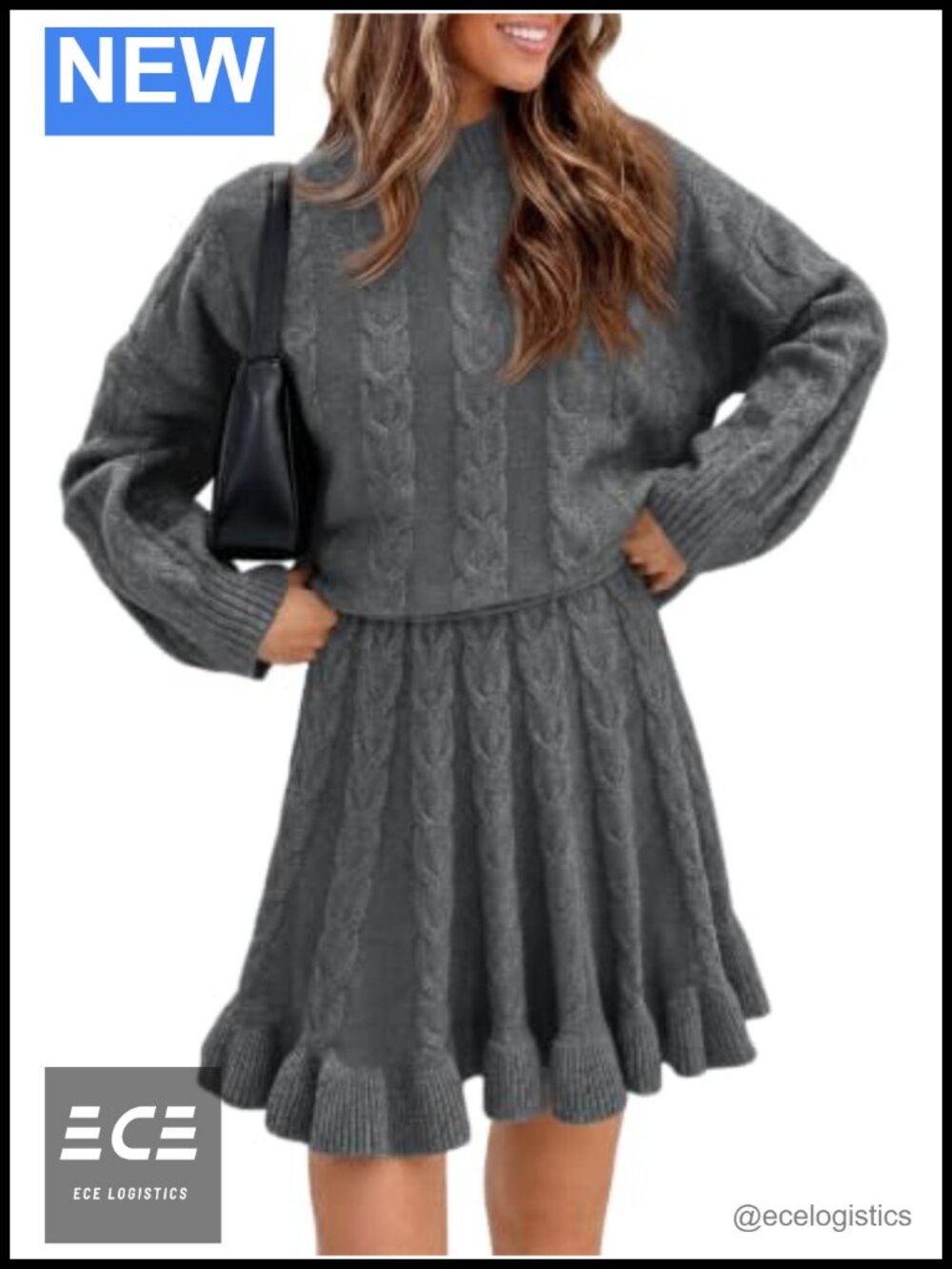 2 Piece Chunky Cable Knit Sweater Skirt Set High Neck Ruffle Mini
